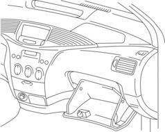 black and white drawing of a dashboard in a car