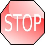 Shiny red and white "STOP" sign with black outline