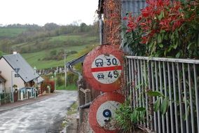 road signs on the street in the village