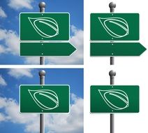 green road sign on pole, collage