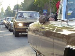 old cars in traffic jam