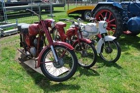 motorbikes of different colors are standing on the green grass