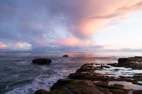 pink clouds over the ocean beach at sunset