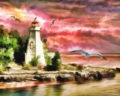 lighthouse and seagulls as a painting