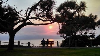 Romantic couple sit near the beach at sunset