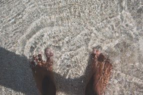 feet in water and beach sand