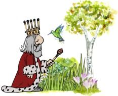 drawing of king walking in garden with hummingbird