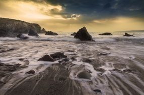 Rocky ocean coast at high tide