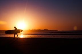 man walking along the beach at sunset