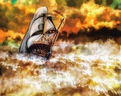 The painting shows a ship in a storm