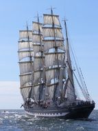 Sailing ship among the waves on a sunny day