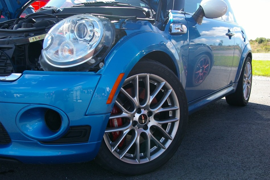 bonnet of the blue Mini Cooper