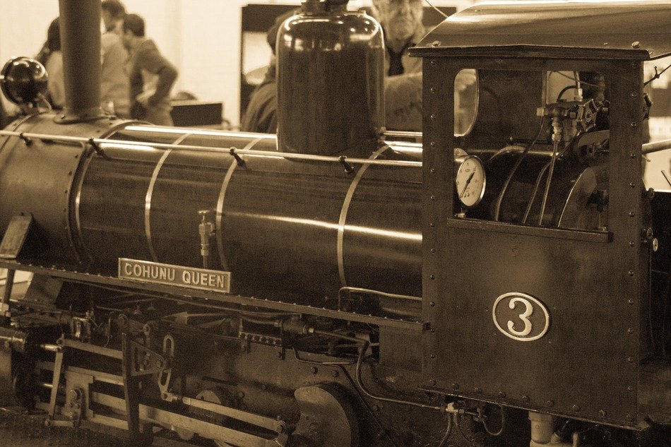 steam powered locomotive in monochrome