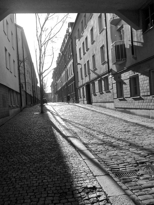 Black and white image of the street in Stockholm