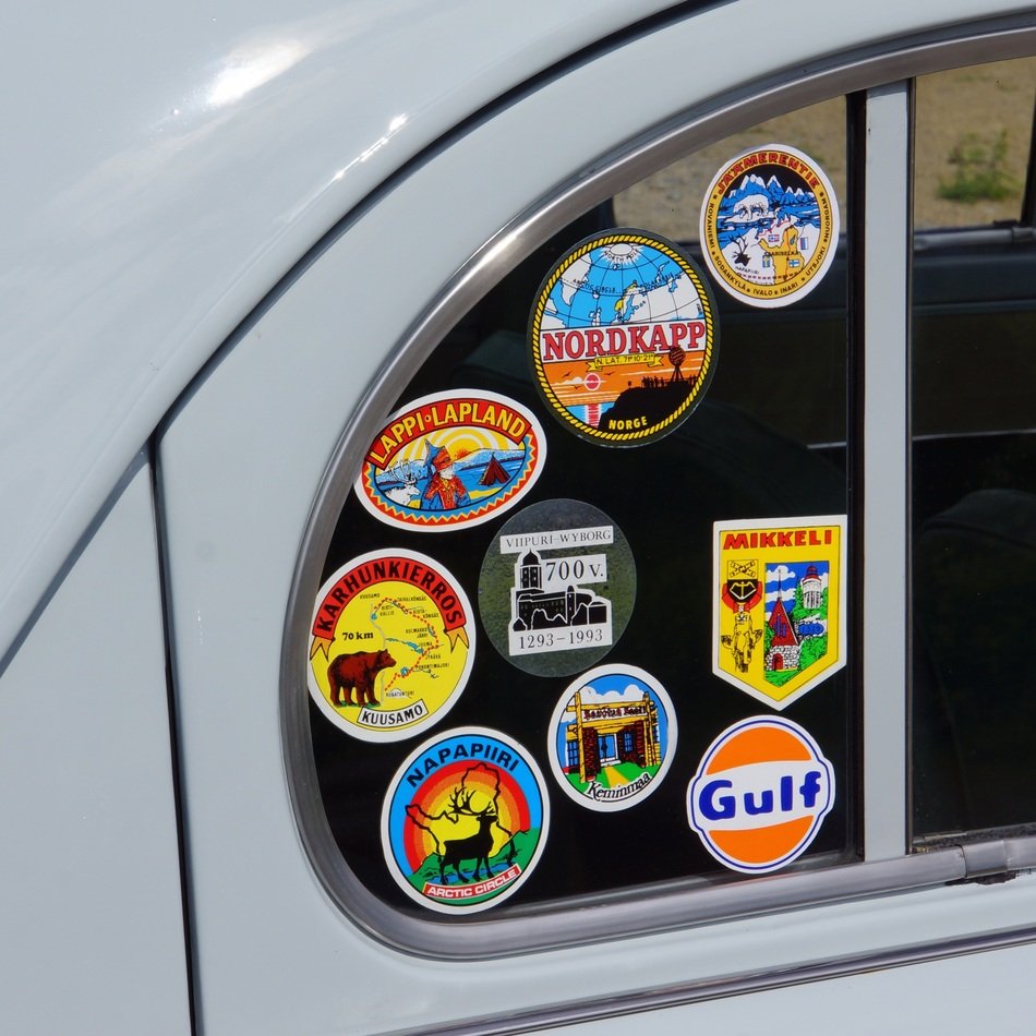 lot of stickers on the car window