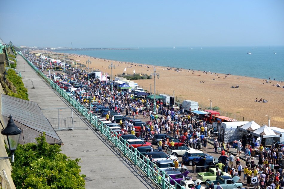panoramic view of a car show on the coast of england