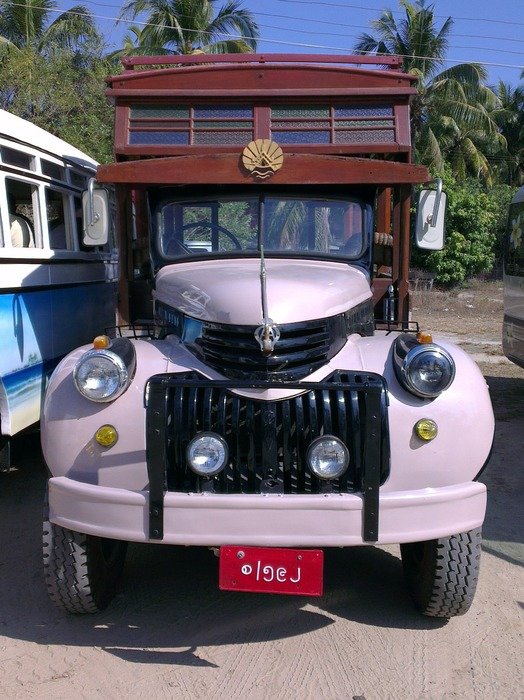 vintage bus with wooden top, myanmar