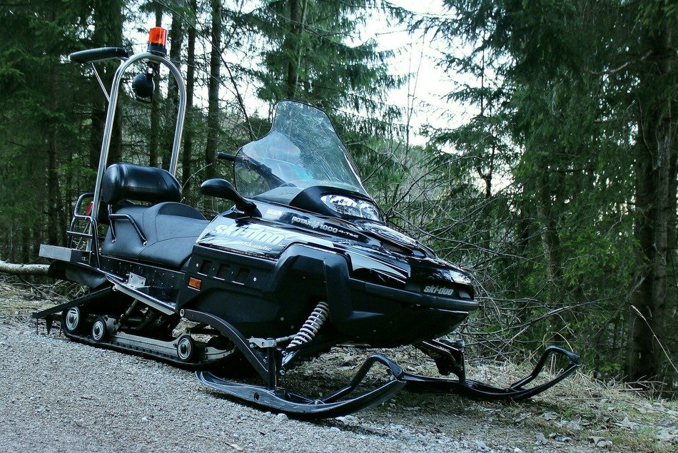 snowmobile on the road near the forest