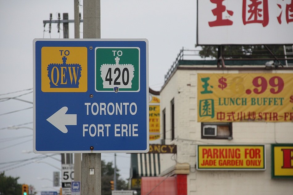 road sign to qew, to 420, toronto fort erie