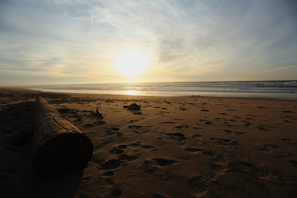 sunset over the horizon on the background of a sandy beach