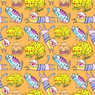 Watercolor vector seamless pattern with the other bright cats N2