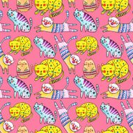Watercolor vector seamless pattern with the other bright cats N3