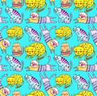 Watercolor vector seamless pattern with the other bright cats N4