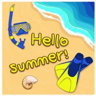 Summer background with shell flippers and mask on sand Vector
