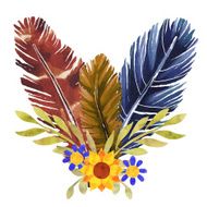 Watercolor boho bouquet feathers flowers leafs