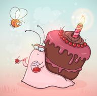 Cute cartoon snail with cherry cake on her back