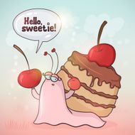 Cute cartoon snail with cherry cake on her bac