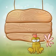 Wood desk with frog on summer background