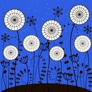 bright blue background with white dandelions