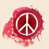 Peace sign on red water color ink splat background N2