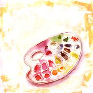 Watercolour drawing of palette on distressed artistic background N2