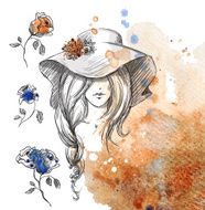 girl in a hat on watercolor background N2