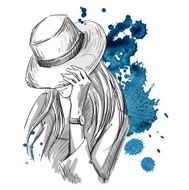 Girl in hat looking down Fashion illustration N2