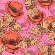 Sketch moth and poppy in vintage style N2