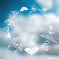 Vector blurred background with sky and butterflies birds clouds