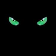 head of black cat with glowing green eyes