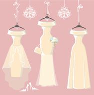 Set of three long bridal dresses hang on ribbons N3