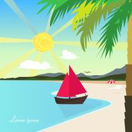 Sunny beach with palm tree and ship