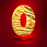 Figure 0 made of shiny golden crumpled foil
