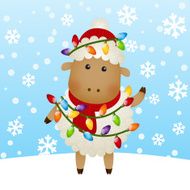 Funny cartoon sheep on winter background N4