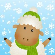 Funny cartoon sheep on winter background N8