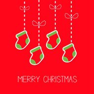 Hanging christmas socks dash line bow Merry Christmas card Flat N2