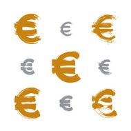 Collection of hand-painted yellow Euro icons isolated on white