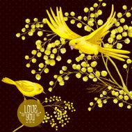 Sprig of Mimosa and Yellow Bird Spring Background N3