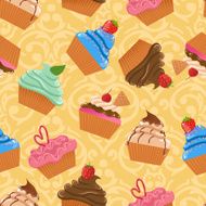 Vector seamless yellow pattern with cupcakes