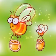 Two pretty cartoon bees with buckets of honey